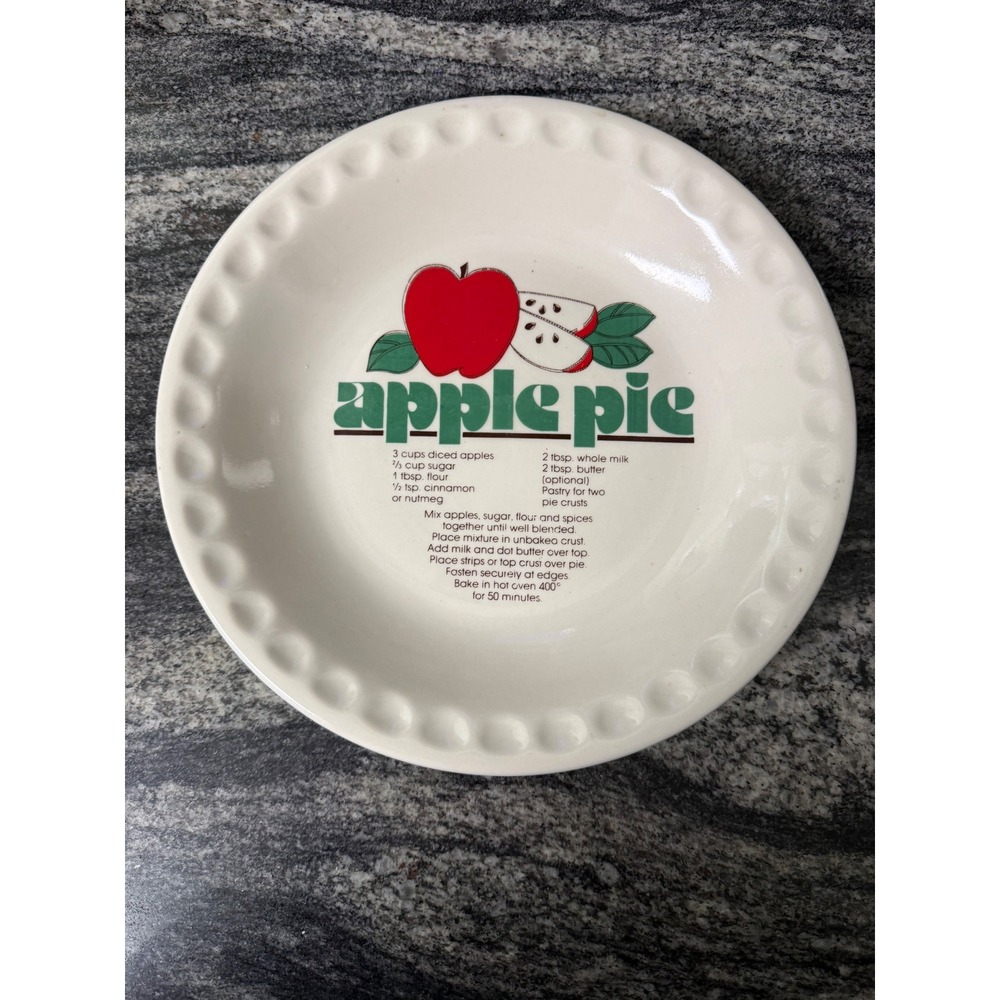 Vintage Ceramic Apple Pie Recipe Dish Scalloped Rim Stoneware Baking Plate Cream
